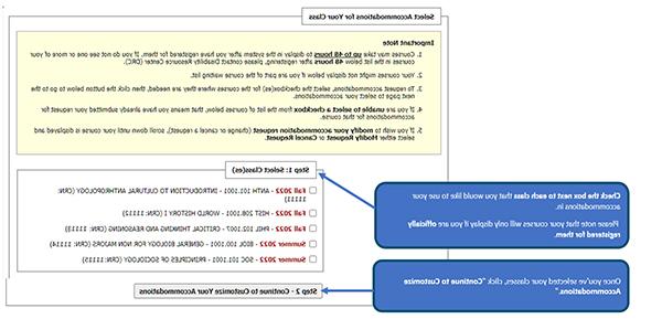 graphic showing step to select your classes, click “Continue to Customize Accommodations.” 